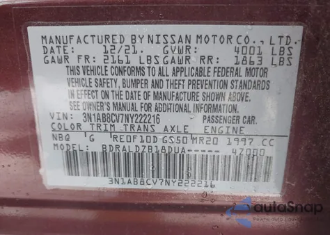 2022 Nissan Sentra Sv Xtronic Cvt z USA, uszkodzony, nr VIN 3N1AB8CV7NY222216